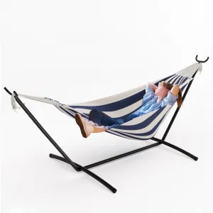 Blue and White 450lbs Capacity Heavy Duty Double Cotton Hammock with Steel Stand for 2 Person - Brazilian Style Portable Indoor Outdoor Lounger with Carry Bag - Easy Assembly for Backyard, Balcony, Camping