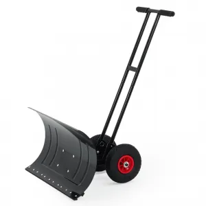Snow Shovel Pusher 29" Wide with Adjustable Angle & Height Dual Road Handle, Ergonomic Double-Rod Metal Frame, Anti-Slip Wheels for Driveways and Sidewalks