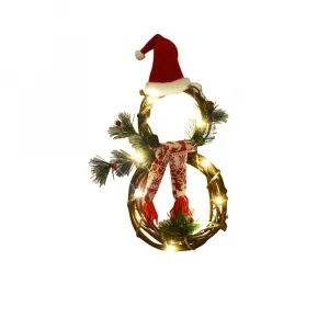 Christmas Wreath for Front Door, Artificial Snowman Wreath with Led Lights Christmas Pendant Decorations Outdoor Rattan Garland Pendant Door Hanging Decoration