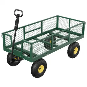 900 LBS Garden Cart with Adjustable Handle & Removable Mesh Sides, Heavy Duty Steel, 10" Pneumatic Tires, Green, Yard Farm Camping