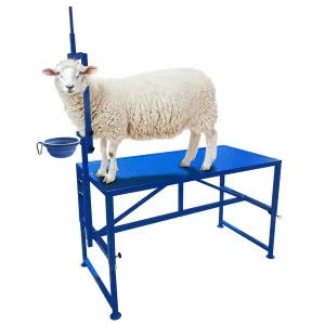 Heavy Duty Metal Goat Milking and Hoof Trimming Stand with Adjustable Headpiece & Legs, Built-in Feed Bin, 600 lbs Capacity - Ideal for Sheep, Goats, and Livestock Grooming - Tool Set, Blue