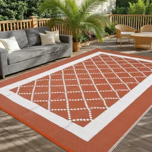 Waterproof Outdoor Rug 8x10ft – Reversible Terracotta Orange/White Geometric Carpet for Patio, Beach, Camping – UV Resistant, Easy Clean, Non-Slip Mat