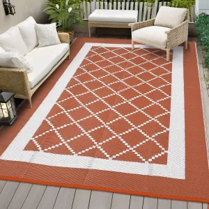 Waterproof Reversible Outdoor Patio Rug 9x18ft – Geometric Diamond Plastic Mat, UV Resistant, Collapsible, Easy Clean, Non-Slip for Camping, RV, Deck, Beach, Backyard – Terracotta Orange/White