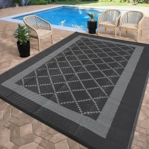 Waterproof Outdoor Rug 10x20 Plastic Straw Reversible Rug Carpet Modern Diamond Outdoor Camping Mat Large Floor Mat for RV Picnic Backyard Porch Beach Balcony Black/Grey