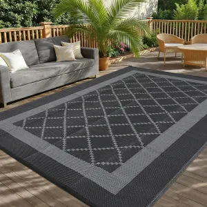 Outdoor Rug 10x14 Waterproof Reversible Mat Indoor Outdoor Plastic Straw Rus Carpet All Weather Modern Trellis RV Mat Carpet for Patio Deck Balcony Pool Picnic Black/Grey