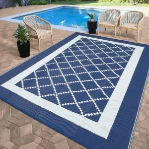 Outdoor Patio Rug 9x18ft Waterproof Reversible - Modern Diamond Design Plastic Straw Carpet - All-Weather Large Mat for Patio, Deck, Backyard, RV, Camping, Beach, Navy/White
