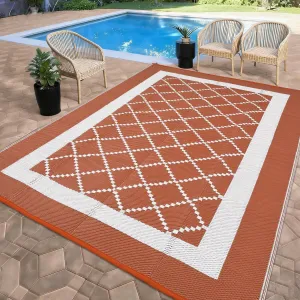 Modern Washable Outdoor Area Rug 10x14ft - Terracotta Orange/White - Reversible, Plastic Straw, Waterproof, UV Resistant, Non-Slip, Easy Clean - Ideal for Camping, Balcony, Porch, Backyard