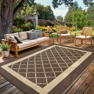 Reversible Outdoor Patio Rug 9x18ft - Modern Geometric Diamond Plastic Mat - Waterproof & UV Resistant, Non-Slip, Easy Clean - Perfect for Porch, Deck, RV, Camping, Backyard, Peony Brown/Coffee