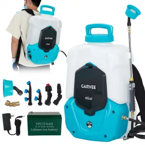 Battery Powered Backpack Sprayer Adjustable 0-90 PSI Pressure 4 Gallon Tank 12V 8Ah Battery 6 Nozzles 2 Wands Wide Mouth Lid for Gardening