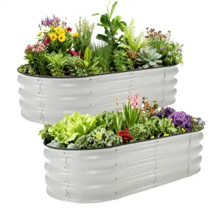 2-Pack Oval Galvanized Steel Raised Garden Bed Planter Boxes – 4x2x1Ft, Open Base for Outdoor Vegetables, Flowers, Herbs – Durable Above Ground Container – White Color