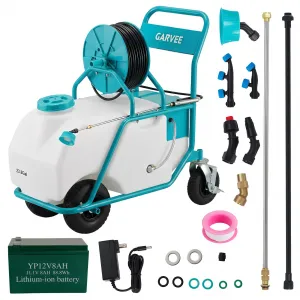 24 Gallon Battery Sprayer with Cart, 12V 12Ah Wheeled Garden Sprayer, 90 PSI Adjustable Pressure, 6 Nozzles & 2 Wands for Lawn & Farm