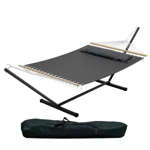 Extra Wide 450 lbs Double Hammock with Heavy Duty Steel Stand for 2 Adults – Dark Grey Quilted, Fade-Resistant Fabric, Adjustable, Portable, Includes Pillow & Carry Bag – Patio, Garden, Backyard, Camping – Wide Hammock + Dark Grey