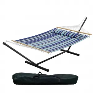 475 lbs Extra Wide Double Hammock with Adjustable Steel Stand for 2 Adults – Blue Quilted Fabric, Heavy Duty, Portable, Includes Soft Pillow & Carry Bag – Outdoor/Indoor, Patio, Garden, Camping, Backyard – Wide Hammock + Blue Fabric