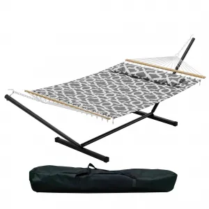 Extra Wide Double Hammock with Stand – 475 lbs Capacity – Quilted Fabric, Soft Pillow & Carry Bag – Heavy Duty Steel Frame – Portable for Patio, Garden, Camping – Light Grey
