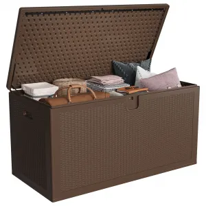 150 gal Large Resin Deck Box, Waterproof & Weatherproof Outdoor Storage Box, Lockable Pool Storage Bin with Lid for Porch Patio Garden Backyard, Brown