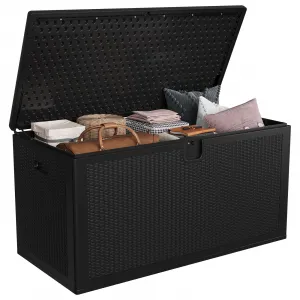 150 gal Large Resin Deck Box, Waterproof & Weatherproof Outdoor Storage Box, Lockable Pool Storage Bin with Lid for Porch Patio Garden Backyard, Black