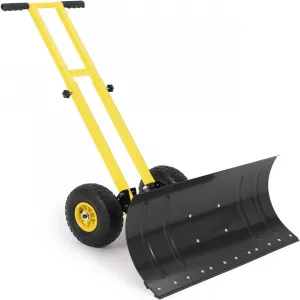 Wheeled Snow Shovel 29x14 Double-Rod Metal Snow Pusher 5-Angle Adjustable T-Handle Rubber Wheels for Driveways Sidewalks Doorways