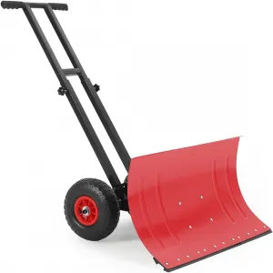 Wheeled Snow Shovel 29x16.5 Double-Rod Metal Pusher 5-Angle Adjustable T-Handle Rubber Wheels for Driveways Sidewalks