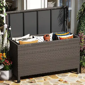 Wicker Deck Box 125 Gallon Outdoor Storage with Hydraulic Lid and Wheels, Rattan Material, Weather-Resistant, Easy Assembly, Patio & Poolside