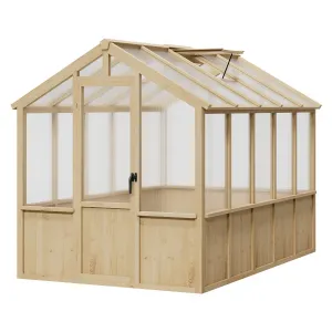 Walk-In Wooden Greenhouse for Outdoors – Heavy Duty Spruce Frame, PC Panels, Adjustable Roof Vent, Lockable Door – Garden Outdoor Storage for Backyard, Patio, Lawn – 6x10 Natural Wood Color