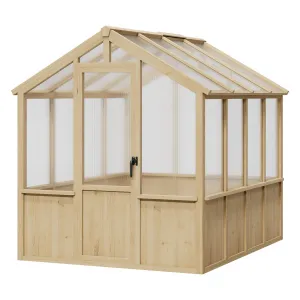 6x8 FT Walk-In Wooden Greenhouse for Outdoors – Heavy Duty Spruce Frame, PC Panels, Adjustable Roof Vents, Lockable Door – Large Outdoor Storage for Garden, Patio, Lawn – 6x8 Natural Wood Color