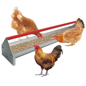 Large Capacity Galvanized Steel Poultry Feeder Trough – Heavy Duty Metal Construction with Crossbar & Drainage Holes, Easy to Clean, Weatherproof for Chickens, Ducks, Geese, Turkeys, Rabbits, Pigeons, Automatic Feed – Red Gauge (RAL2002)