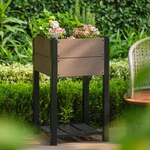 HDPE Elevated Raised Garden Bed with Wood Grain Finish – Sturdy Black Aluminum Frame, Storage Shelf & All-Weather Design, Perfect Planter for Vegetables & Herbs Outdoors – Size: 49x49x85cm