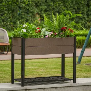 Elevated HDPE Raised Garden Bed with Wood Grain Finish – Sturdy Black Aluminum Frame, Storage Shelf & Weatherproof Design, Perfect for Vegetables & Herbs Outdoors