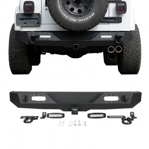 Rear Bumper Compatible with Wrangler TJ 1997-2006, Full Width Off-Road Rock Crawler Bumper, Heavy Duty Steel, Black, 2/4 Doors, LED Lights & D-Rings