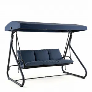 3-Seat Outdoor Convertible Swing Glider with Adjustable Canopy, 2-in-1 Bench to Flat Bed, Removable Cushions, Heavy-Duty Metal Frame, 750 LBS Weight Capacity for Patio, Backyard, Porch, Garden, Blue