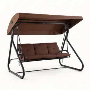 3-Seat Outdoor Convertible Swing Glider with Adjustable Canopy, 2-in-1 Bench to Flat Bed, Removable Cushions, Heavy-Duty Metal Frame, 750 LBS Weight Capacity for Patio, Backyard, Porch, Garden,Brown