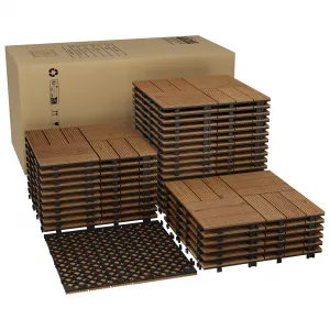 Acacia Wood Connected Deck Tiles for Patio & Outdoor Decor, 12"x12" Firm Waterproof Non-Slip Flooring, Set of 22 Panels, Brown Finish, 22PCS/Set, Color: Brown