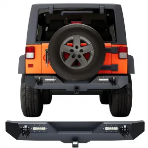 Rear Bumper Compatible With Wrangler JK, Rock Crawler Rear Bumper Cover With Hitch Receiver & 2X LED Lights, Off Road, Black