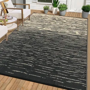 Waterproof Reversible Patio Rug 9x12ft – Plastic Straw Outdoor Carpet with Rubber Backing – UV Resistant, Perfect for Deck, Backyard, Camping, Picnic – Black Coffee