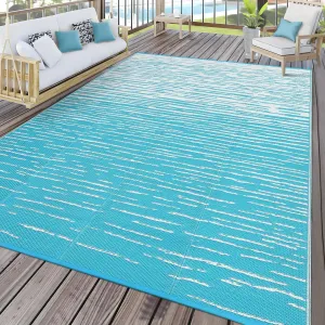 Waterproof & Reversible Outdoor Patio Rug 9x12ft - Modern UV Resistant Plastic Straw Carpet - Striped Design for Deck, Backyard, Balcony, Porch, Picnic, Beach - Light Blue/White, 9x12ft