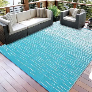 Waterproof Outdoor Patio Rug 6x9ft - Reversible Plastic Straw Mat for Camping, RV, Deck, Balcony, Backyard - UV Resistant, Modern Abstract Design, Light Blue/White, 6x9ft, Light Blue/White