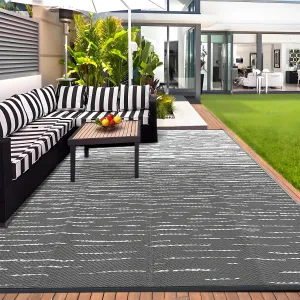 Reversible Outdoor Patio Rug 9x12ft - Waterproof, UV Resistant, Durable Plastic Straw Mat with Rubber Backing - Ideal for Deck, Backyard, Picnic, Camping, RV Carpet - Grey White