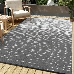 Waterproof Outdoor Rug 6x9ft – Reversible Grey & White Plastic Straw Patio Carpet – Modern Abstract, UV Resistant, Rubber Backing, Ideal for Deck, RV, Backyard, Picnic – Grey White