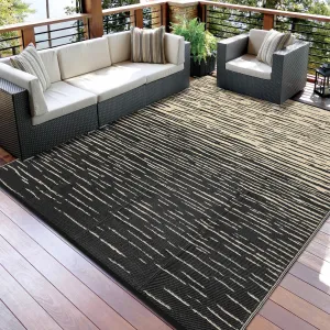 Reversible Waterproof Outdoor Rug for Patio – Modern Striped UV Resistant Plastic Straw Area Carpet – Durable Mat for RV, Deck, Balcony, Porch, Beach – Black Coffee, 6x9ft
