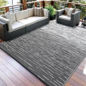 Waterproof Outdoor Rug 5x8ft - Reversible Grey and White Plastic Straw Patio Carpet with Rubber Backing - Modern Striped UV Resistant Deck & RV Mat,Grey White, 5x8ft