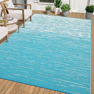 Waterproof Reversible Outdoor Rug 8x10ft - Durable Plastic Straw Carpet - Fade & UV Resistant, Easy Clean - Modern Striped Design - Ideal for Deck, Porch, RV, Balcony, Beach, Picnic - Light Blue/White