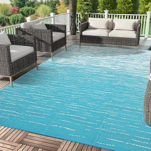 Waterproof Reversible Outdoor Rug - UV Resistant Plastic Straw Patio Mat, Modern Abstract Design for Camping, RV, Deck, Balcony, Picnic, Backyard - 5x8ft, Light Blue/White