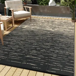 Waterproof Reversible Outdoor Rug 5x8ft – Durable Plastic Straw Patio Mat, UV Resistant, Modern Striped Design for Backyard, Deck, Porch, Balcony, Beach – Black Coffee, 5x8ft