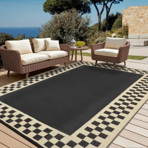 8x10 Outdoor Waterproof Rug Reversible Modern Geometric Neutral Outdoor Patio Rug, Weather Resistant Plastic Straw Rugs Portable Camping Carpet for Garden Backyard Balcony, Black Coffee