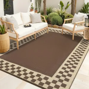 8x10 Outdoor Waterproof Rug Reversible Modern Geometric Neutral Outdoor Patio Rug, Weather Resistant Plastic Straw Rugs Portable Camping Carpet for Garden Backyard Balcony, Brown