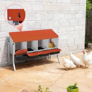 Heavy-Duty Metal Chicken Nesting Box for Easy Egg Collection - 4 Compartments with Removable Trays - Wall Mountable with Bracket Legs - Durable Poultry Coop Accessory, Orange Color, Four Grids + Bracket