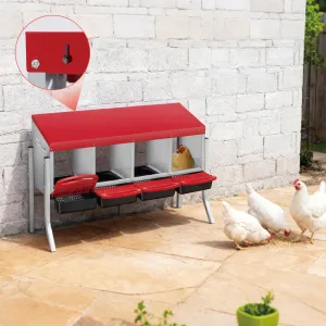 Heavy-Duty Metal Chicken Nesting Box for Easy Egg Collection - 4 Compartments with Removable Trays - Wall Mount or Stand - Ideal for Backyard Poultry, Red, Four Grids + Bracket
