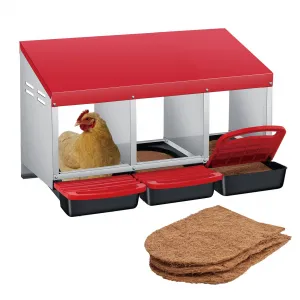 Heavy Duty 3-Compartment Chicken Nesting Box – Galvanized Steel Rollaway Egg Collection, Removable Tray & Perch – Easy-Clean Wall Mount or Freestanding – Red, Three Grids