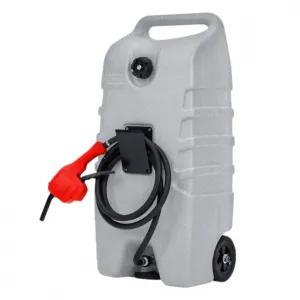 14 Gallon Gas Can Fuel Caddy with Manual Pump, Leak-Proof Dual-Valve, HDPE Material, Wheels & 10ft Hose, for Cars & Boats, Grey