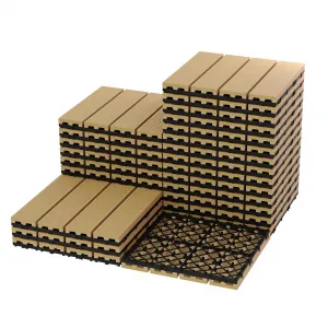 Waterproof Interconnected Composite Deck Tiles 12"x12" 27PCS/Set  – Wood Grain All-Weather Surface, Easy DIY for Balcony, Porch, Poolside, Garden, Wall Décor – Teak